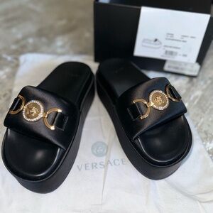 Versace, sandals, gold, and black satin